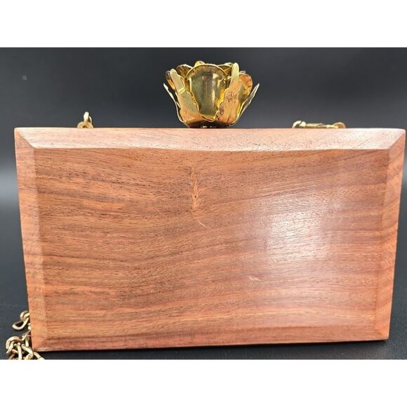 Handcrafted Wooden Clutch Bag Purse Natural Wood Gold Tone Cross Body Floral - Picture 3 of 13